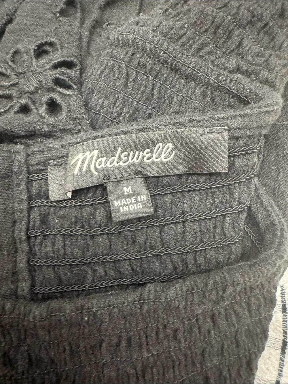 Madewell Black Square-Neck Smocked Peplum Top with Eyelet Puff Sleeves